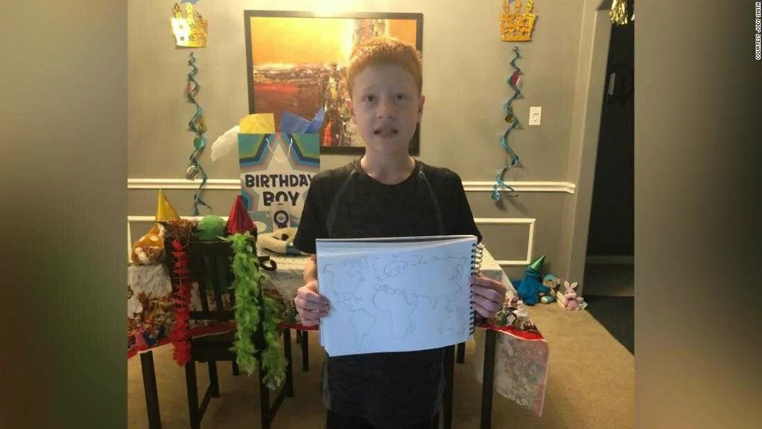 A 12-year-old geography fan stuck at home on his birthday filled a world map with the help of Twitter