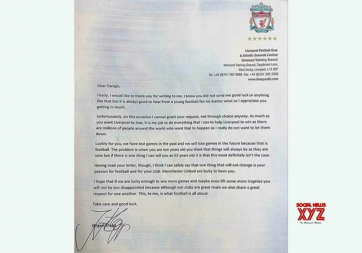 10-yr-old ManU fan writes to Klopp asking Liverpool to lose - Social News XYZ